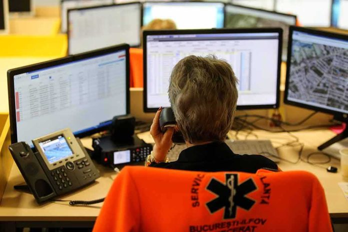 shutterstock_1311749525-1 Emergency dispatcher at workstation with multiple monitors and phone