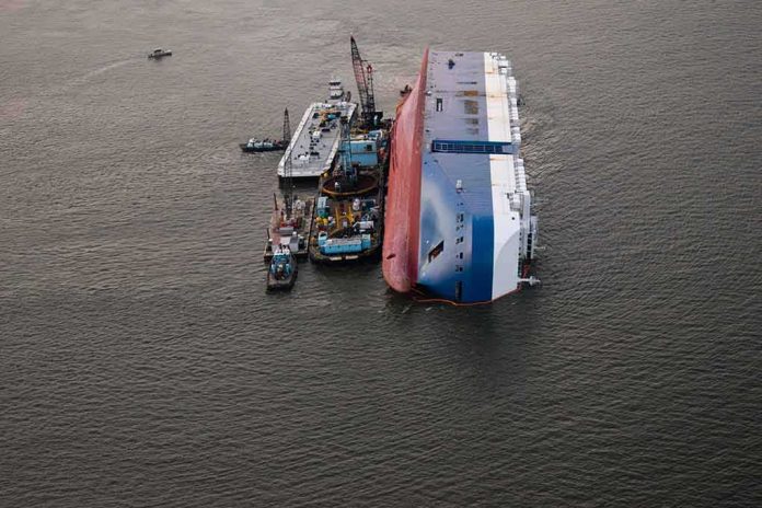 Capsized cargo ship with salvage vessels alongside