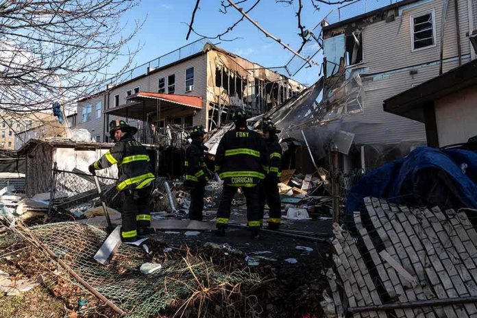 shutterstock_2108854034 Firefighters assess damage at a collapsed residential building