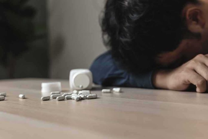 Person with head down near scattered pills on a table