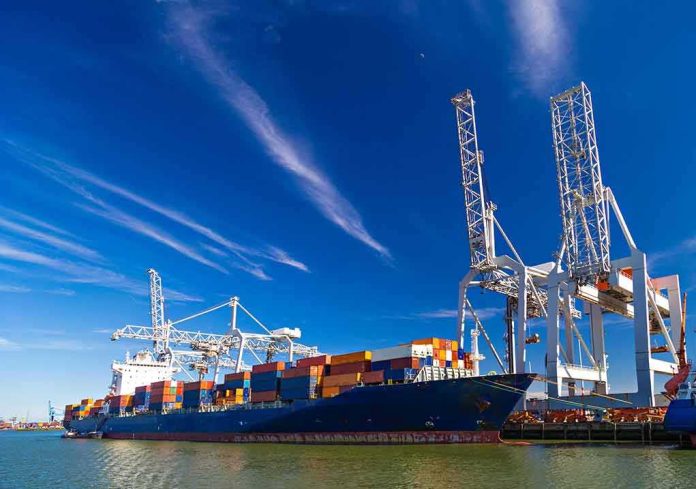 Container ship docked at port with cranes loading cargo