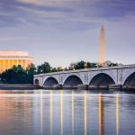 Arlington Memorial Bridge with monuments at dusk