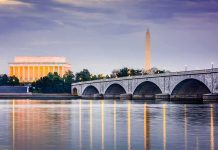Arlington Memorial Bridge with monuments at dusk