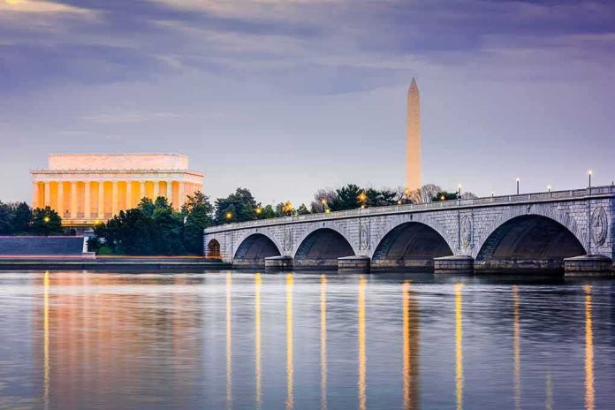 Arlington Memorial Bridge with monuments at dusk