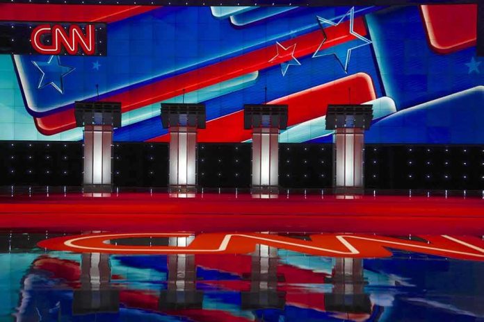 Debate stage with four podiums and colorful star backdrop