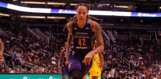 basketball player dribbling on a court during a game