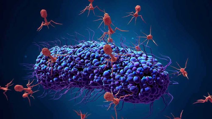 Bacteriophage viruses attacking a bacterium