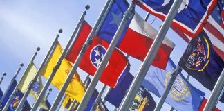 A row of various flags waving in the wind against a clear blue sky