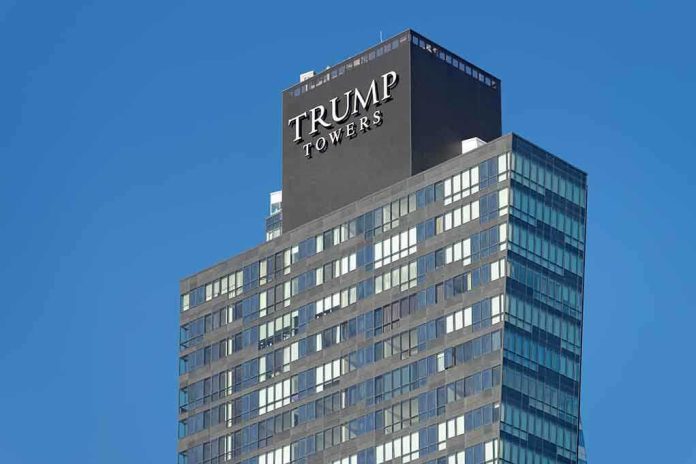 shutterstock_191289770 View of Trump Towers, a modern skyscraper with a glass facade against a clear blue sky