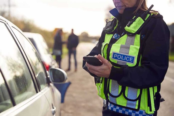 Police officer using a smartphone during a roadside stop