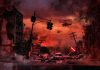 Post-apocalyptic city street with helicopters and rubble