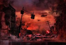 Post-apocalyptic city street with helicopters and rubble