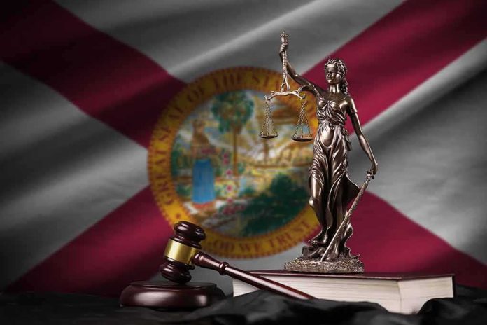 shutterstock_2217048991 Lady Justice statue with gavel and book before Florida state flag
