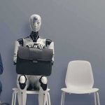 Tech Revolution: $150 Robot Cleans Your Home! Robot and businessman sitting in a waiting room