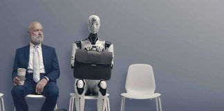 Robot and businessman sitting in a waiting room