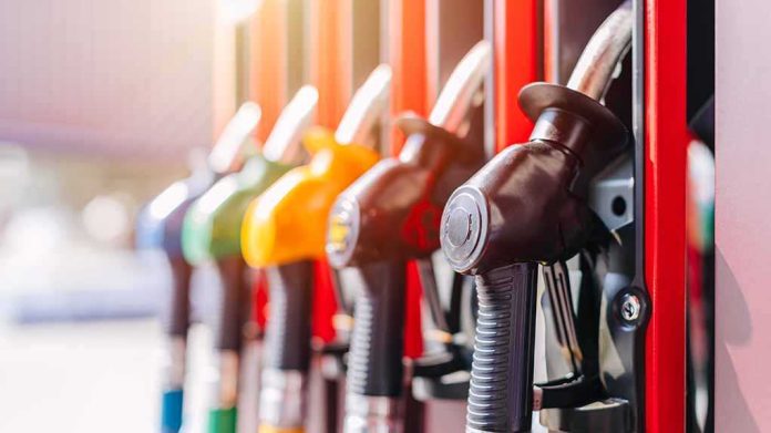 Close-up of fuel pump nozzles at a gas station