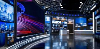 modern television news studio with large video screens