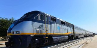 Amtrak California passenger train at a station platform