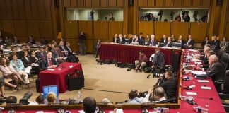 Patrick Leahy and Samuel Alito at a Senate hearing with committee and press present