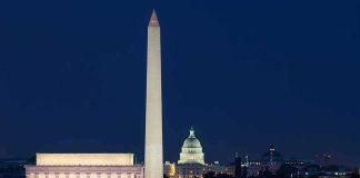 Washington Monument with Capitol and Lincoln Memorial at night
