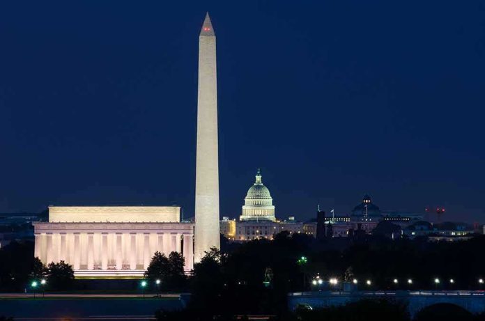 Washington Monument with Capitol and Lincoln Memorial at night
