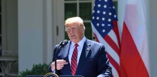 Diesel Shock: Trump Targets Rising Fuel Costs Donald Trump speaking at a podium with U.S. and Polish flags behind him