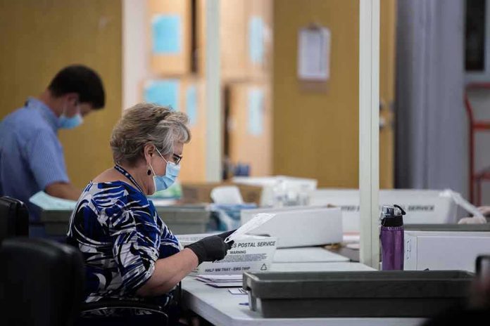 shutterstock_1773185606-1 Election workers wearing masks process mail-in ballots at tables