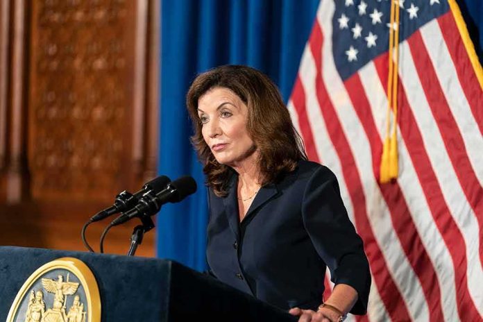 Kathy Hochul speaking at a podium with microphones and a U.S. flag behind her
