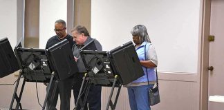 D.C. Election Records Exposed Lester Bowie and Miriam Tlali using electronic voting machines at a polling place