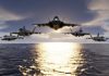 Five fighter jets flying over the ocean