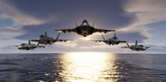 Five fighter jets flying over the ocean
