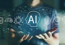 Person holding virtual icons related to artificial intelligence