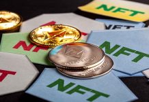 Ethereum coins on NFT cards background
