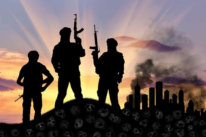 340068851 featured image Silhouetted soldiers with rifles at sunset city background