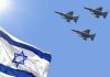 Israeli flag with three fighter jets in flight