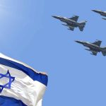 Israeli flag with three fighter jets in flight