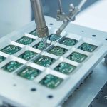 Robotic arm assembling electronic circuit boards in production