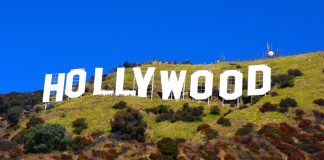 Hollywood sign on hillside with clear blue sky