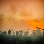 Soldiers and tanks in the foggy battlefield
