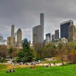 People relaxing in a park, city skyline background