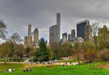 People relaxing in a park, city skyline background