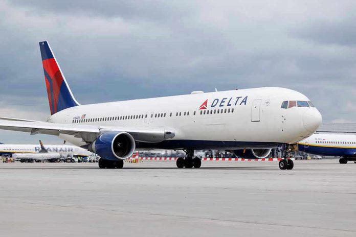 2305553471 Delta Airlines airplane on airport runway, cloudy sky