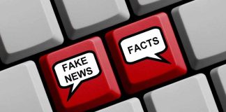 Keyboard keys labeled "Fake News" and "Facts."