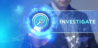 Man pointing at Investigate magnifying glass icon