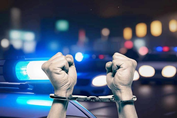 Handcuffed hands raised, police cars with lights on.