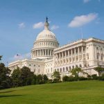 The U.S. Capitol building surrounded by green grass and trees under a blue sky