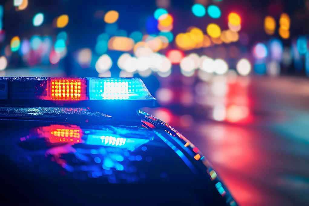 Police car with flashing lights at night.