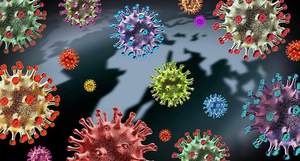 Colorful virus illustrations over a world map.