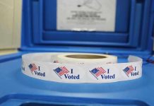 Roll of I Voted stickers on table.