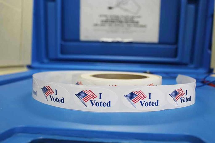 415602418 Roll of I Voted stickers on table.